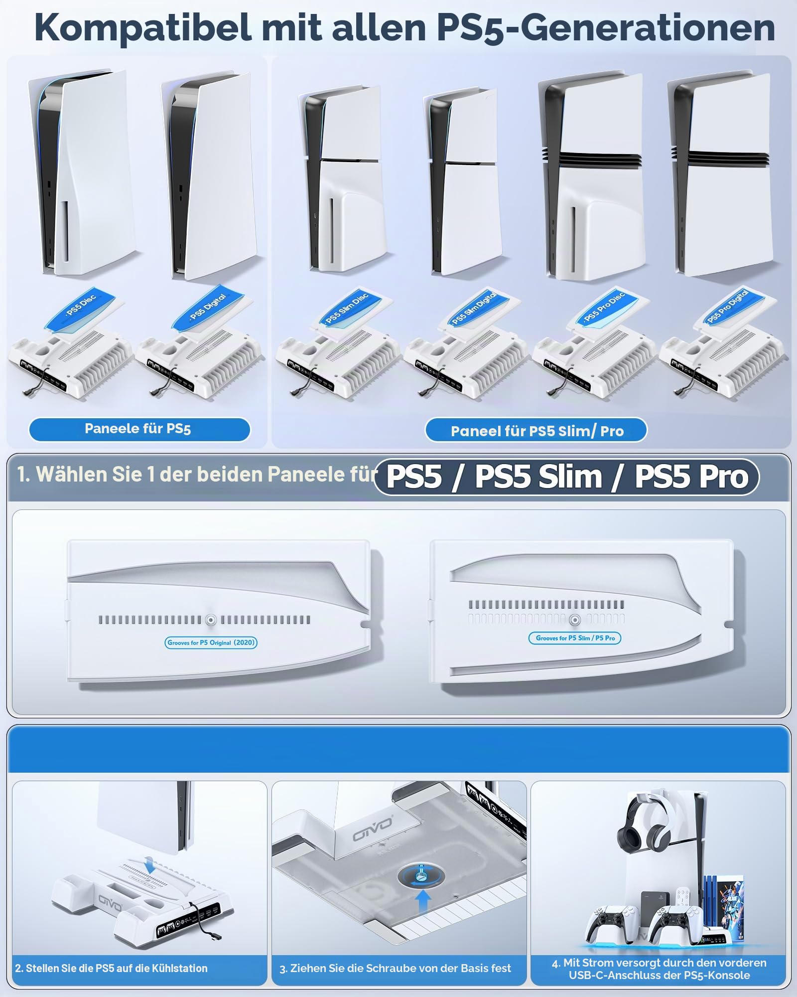 OIVO PS5/PS5 Slim/PS5 Pro Ständer mit 3 stufig Lüfter und Licht, PS5 Standfuß mit 4 USB Ports/Controller Ladestation/Headset Halter/Remote Steckplatz/14 Spiele Aufbewahrung für PS5 Zubehör 2