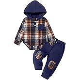 Fommy Baby Boy Clothes Flannel Plaid Outfits Long Sleeve Hoodie Romper Fall Winter 2 Pcs Clothes for Boy