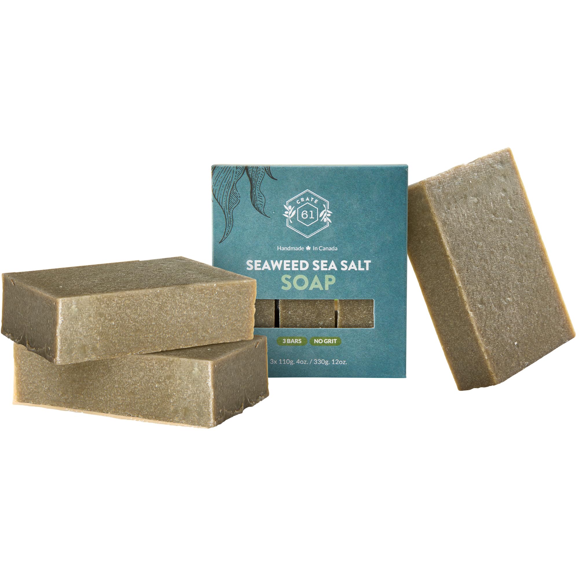 Crate 61, Handmade Vegan Natural Bar Soap Cold Pressed For Face And Body, With Premium Essential Oils, Eucalyptus & Peppermint For Men And Women 3 Pack (Seaweed & Sea Salt)