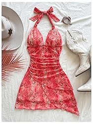 BEAUDRM Women's Floral Print Sleeveless Halter Deep