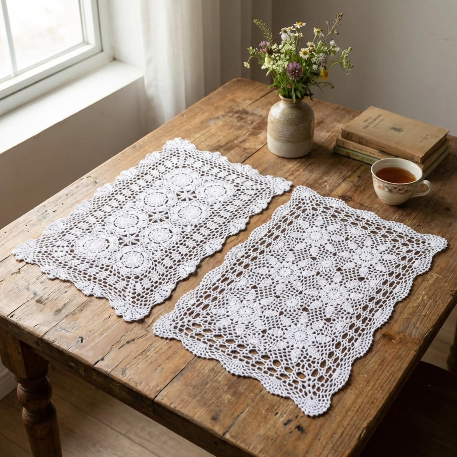 Photo 1 of WILLBOND 2 Pcs Vintage Cotton Crochet Tablecloths Handmade Crochet Lace Table Runner Rectangular Lace Doilies Doily Floral Tablecloth Dining Place Mats Bedside Dresser Decor, 15 x 23 Inch, White