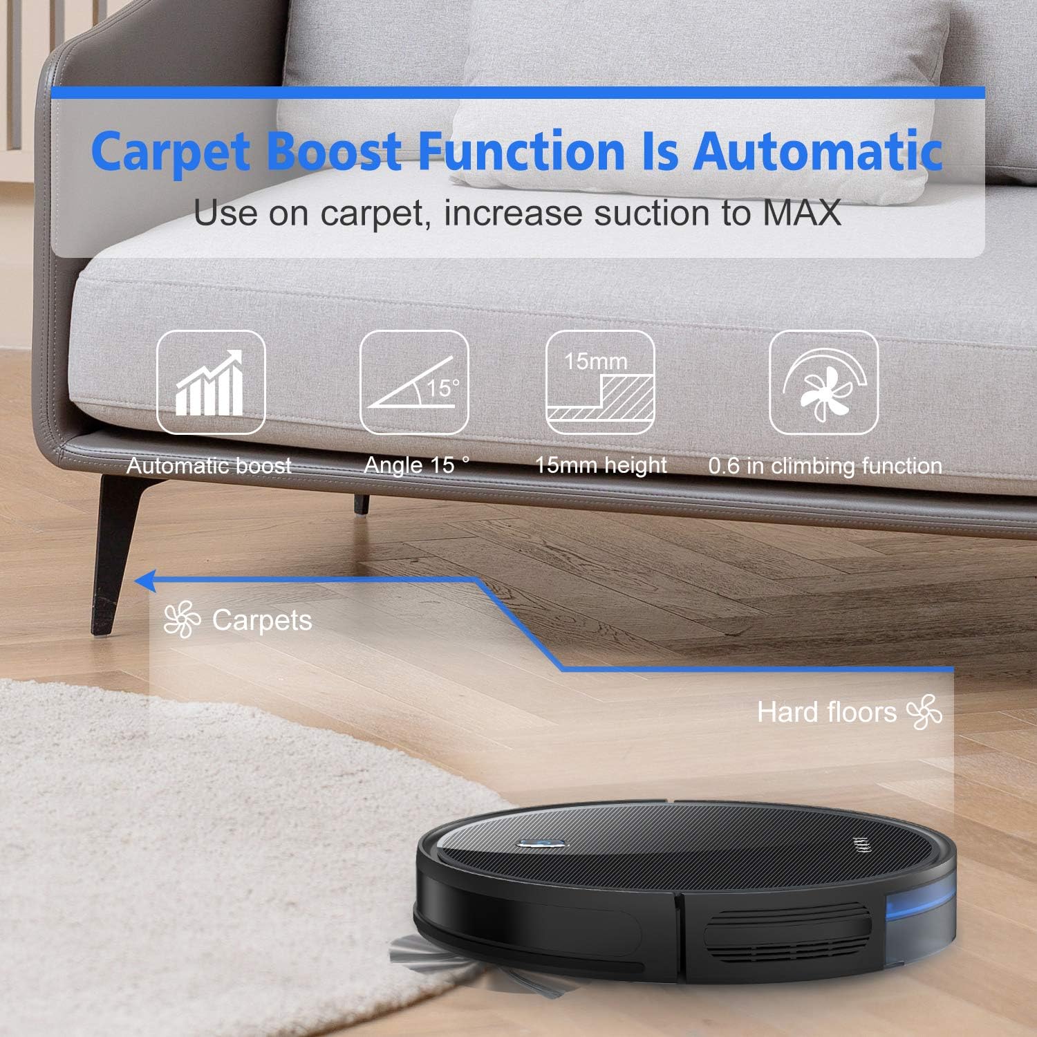 Robot Vacuum, GOOVI by ONSON 1800Pa Robotic Vacuum Cleaner (Slim) Max Suction, Quiet Multiple Cleaning Modes, Self-Charging Vacuum, for Pet Hair, Hard Floor, Medium-Pile Carpets -