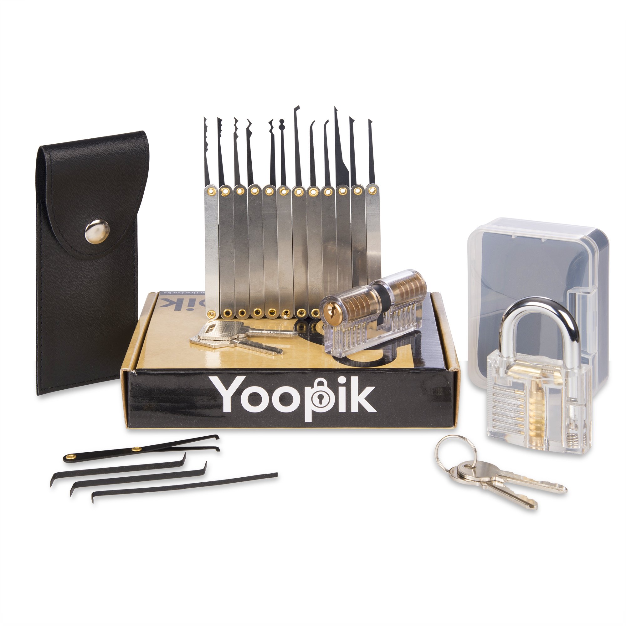 Yoopik Lock Picking Set 15 Pieces with Clear Transparent Padlock and Euro Cylinder for Lockpicking Training and Practice, a Carrying Pouch and Ebook Guide