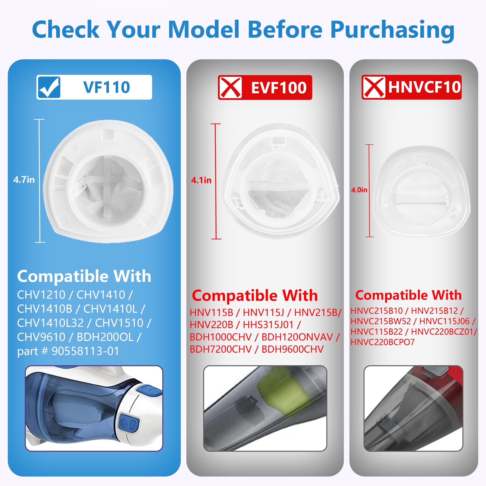 4 Pack Replacement Filter Compatible with Black & Decker Power Tools VF110 Dustbuster Cordless Vacuum CHV1410L CHV9610 CHV1210 CHV1510 CHV1410 CHV1410B BDH2000L Part 90558113-01