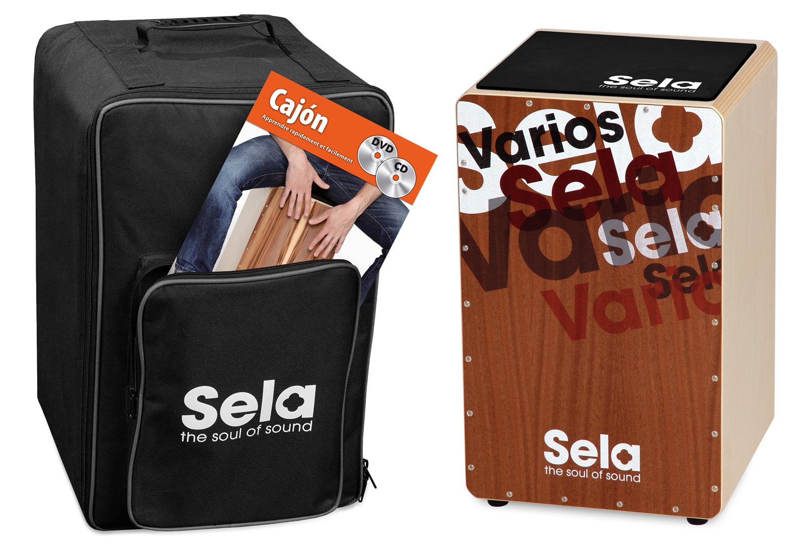 Sela SE 139 FR Varios Cajon Set with backpack, cajon pad, French cajon method, CD and DVD