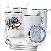 AGH 12 oz Sublimation Wine Tumblers Blanks, 4PCS Straight Stainless Steel Insulated Mug for Full Wrap Heat Transfer, Spill-proof Sliding Lid Stainless Steel Straw for Coffee Cocktails Drinks