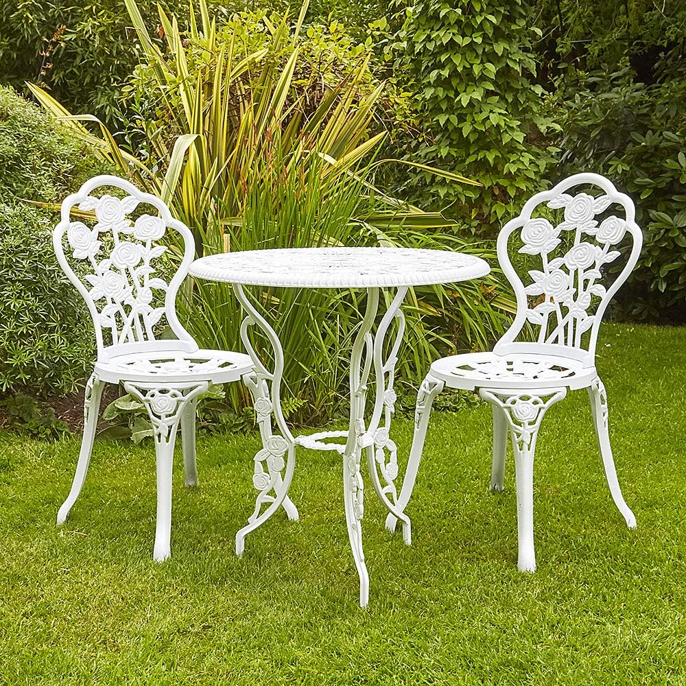 Home Source Rose Garden Patio Outdoor Bistro Set Table and 2 Chairs Metal Garden Furniture, White, Table 2 Chairs - Image 3