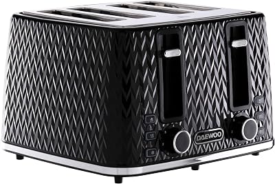 Daewoo Argyle 4 Slice Toaster with Defrost Reheat Browning Control Black