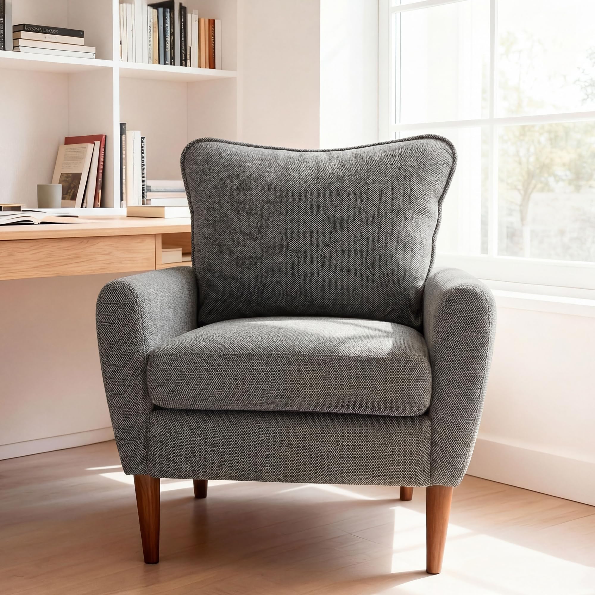 Photo 1 of OLIXIS Comfy Accent Chair for Living Room Bedroom and Waiting Room, Upholstered Mid-Century Reading Chair with Pillow and Solid Wood Legs, Wide Singe Modern Lounge Sofa (Gray)
