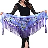 MUNAFIE Belly Dance Hip Scarf with Tassels Sequins, Triangle Coins Wrap Skirt Music Festival Clothing Skirt