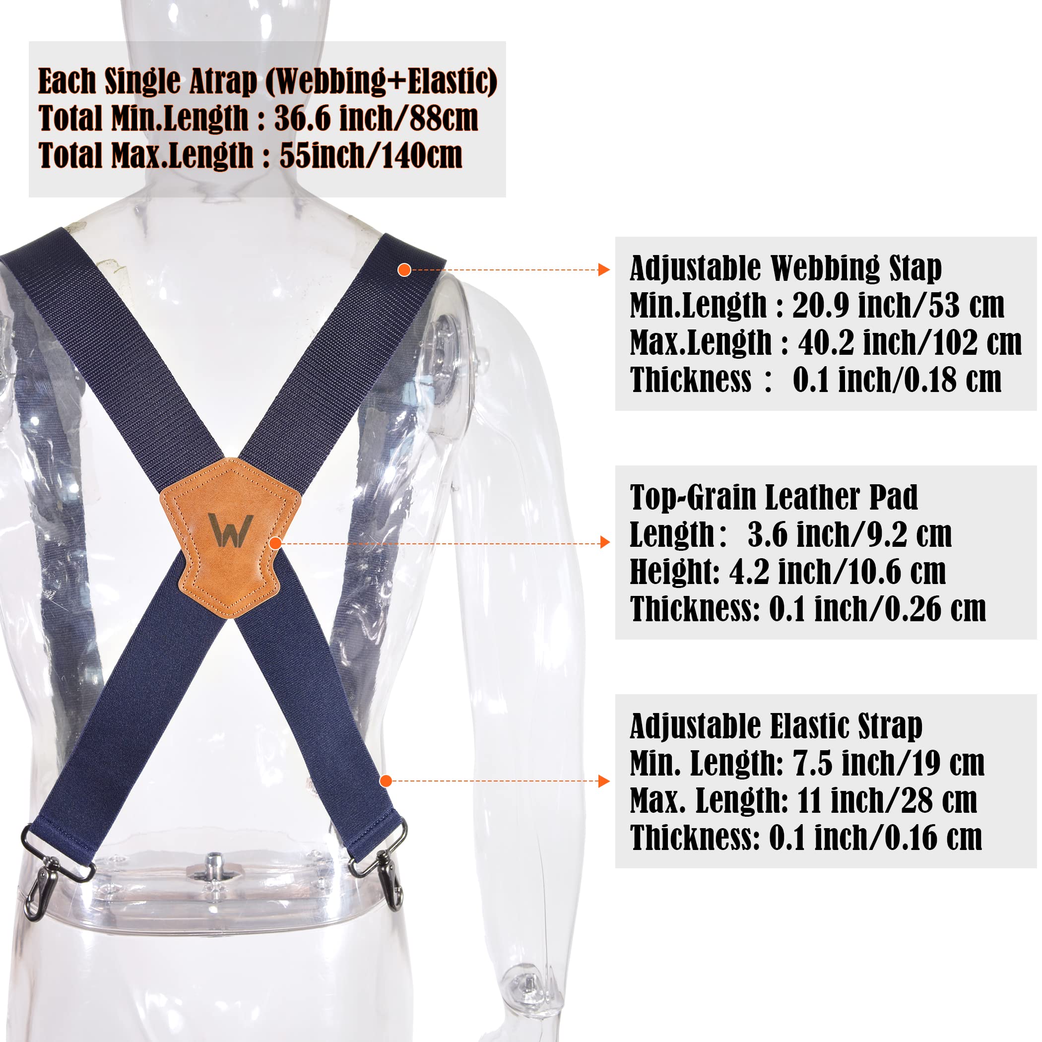 WELKINLAND Navy suspenders for men, 2 Inch Wide Work Suspenders, Heavy Duty Swivel Suspender, Mens Suspender for jeans, Big and tall suspenders for men