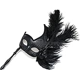 MasqStudio Black Masquerade Ball Mask Pair Ostrich Feather Cosplay Costume New Year Party (Stick mask Only)