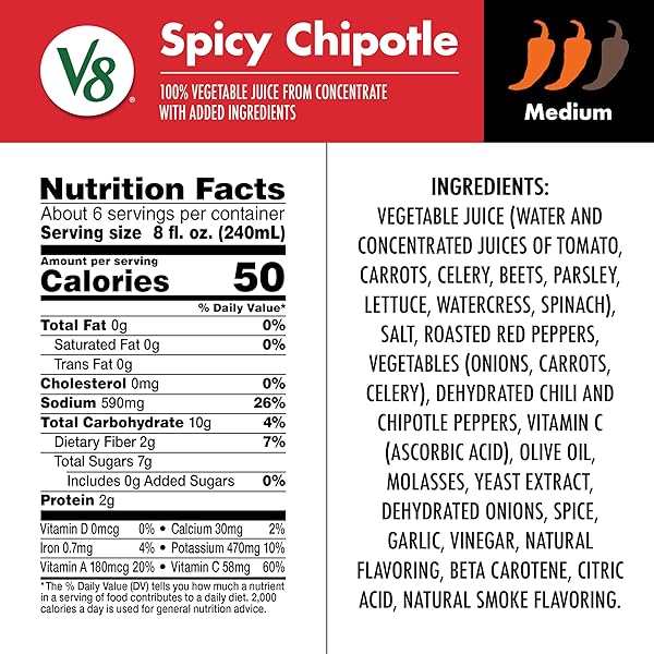 V8 SPICY CHIPOTLE 100% VEGETABLE JUICE, 46 FL OZ BOTTLE