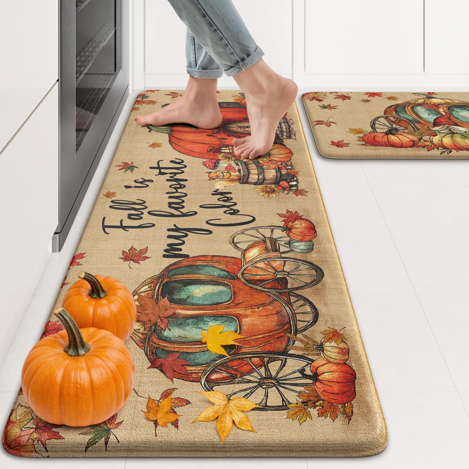 Photo 1 of KIMODE Fall Decor Kitchen Mats Cushioned Anti Fatigue, Brown Pumpkin Carriage Kitchen Rugs Sets of 2, Padded Kitchen Floor Mats, Halloween Decorations Indoor Mats for Laundry Office 17"x47"+17"x29"