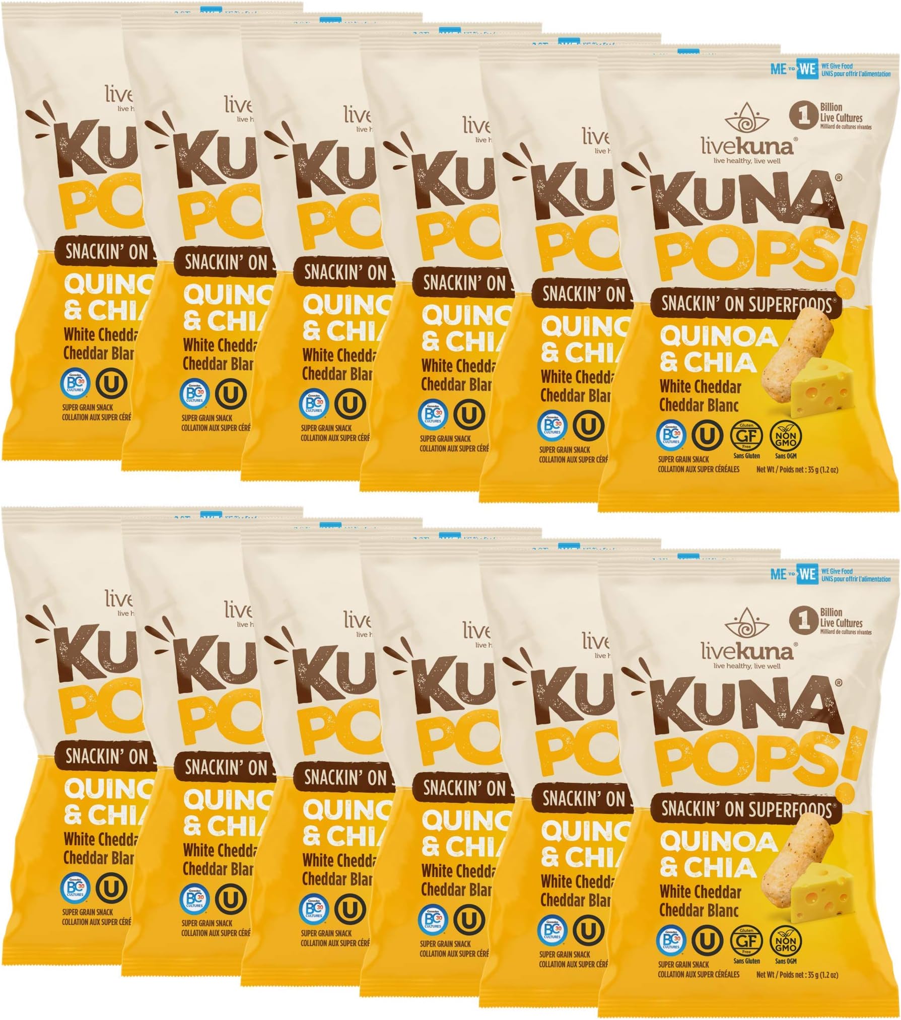 LiveKuna KunaPops! Quinoa and Chia Superfood Vegan Snack, Gluten-Free, Non-GMO, Added Probiotics, 12 Count (White Cheddar)