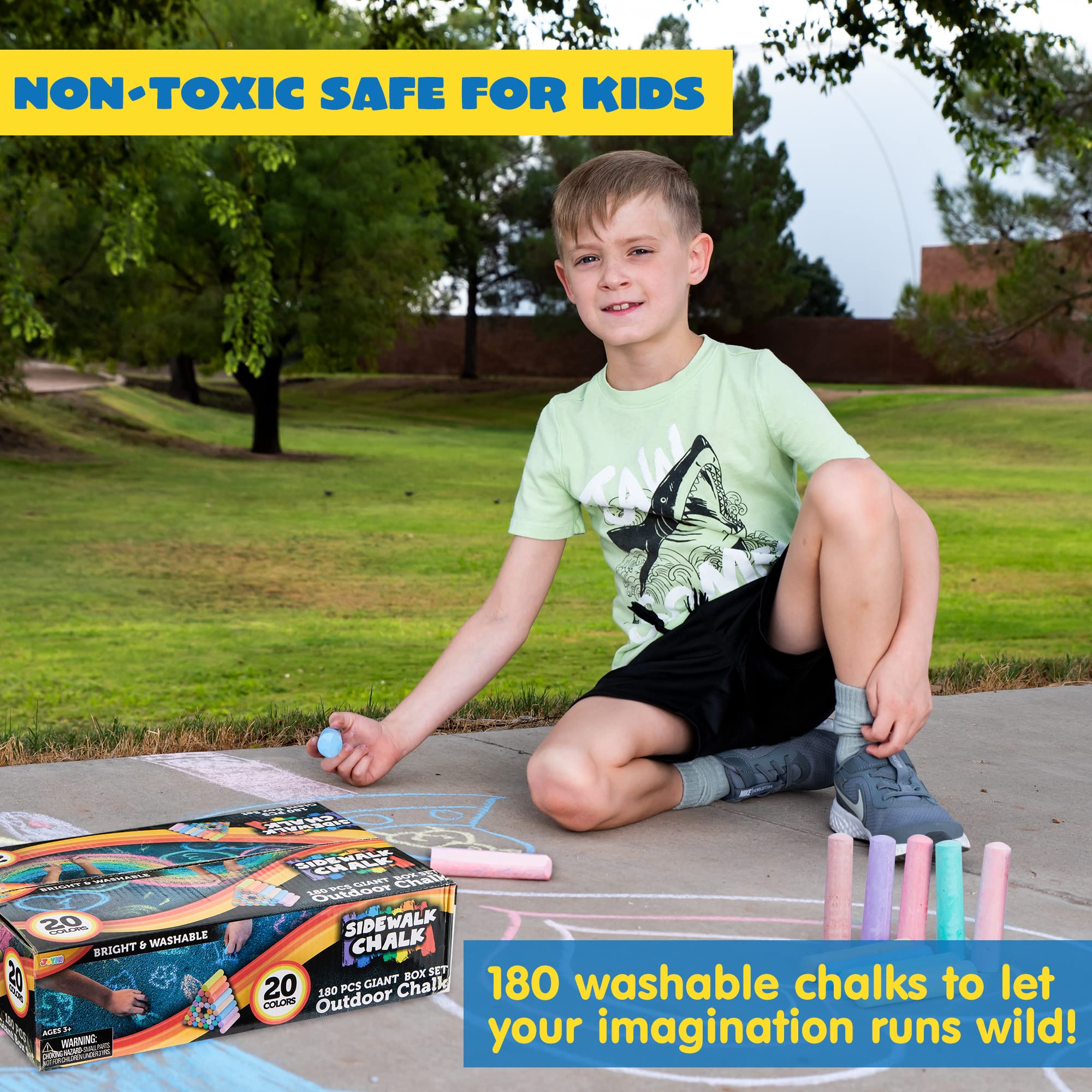JOYIN 180 PCS Washable Sidewalk Chalks Set in 20 Colors Non-Toxic Jumbo Chalk for Outdoor Art Play, Painting on Chalkboard, Blackboard and Playground