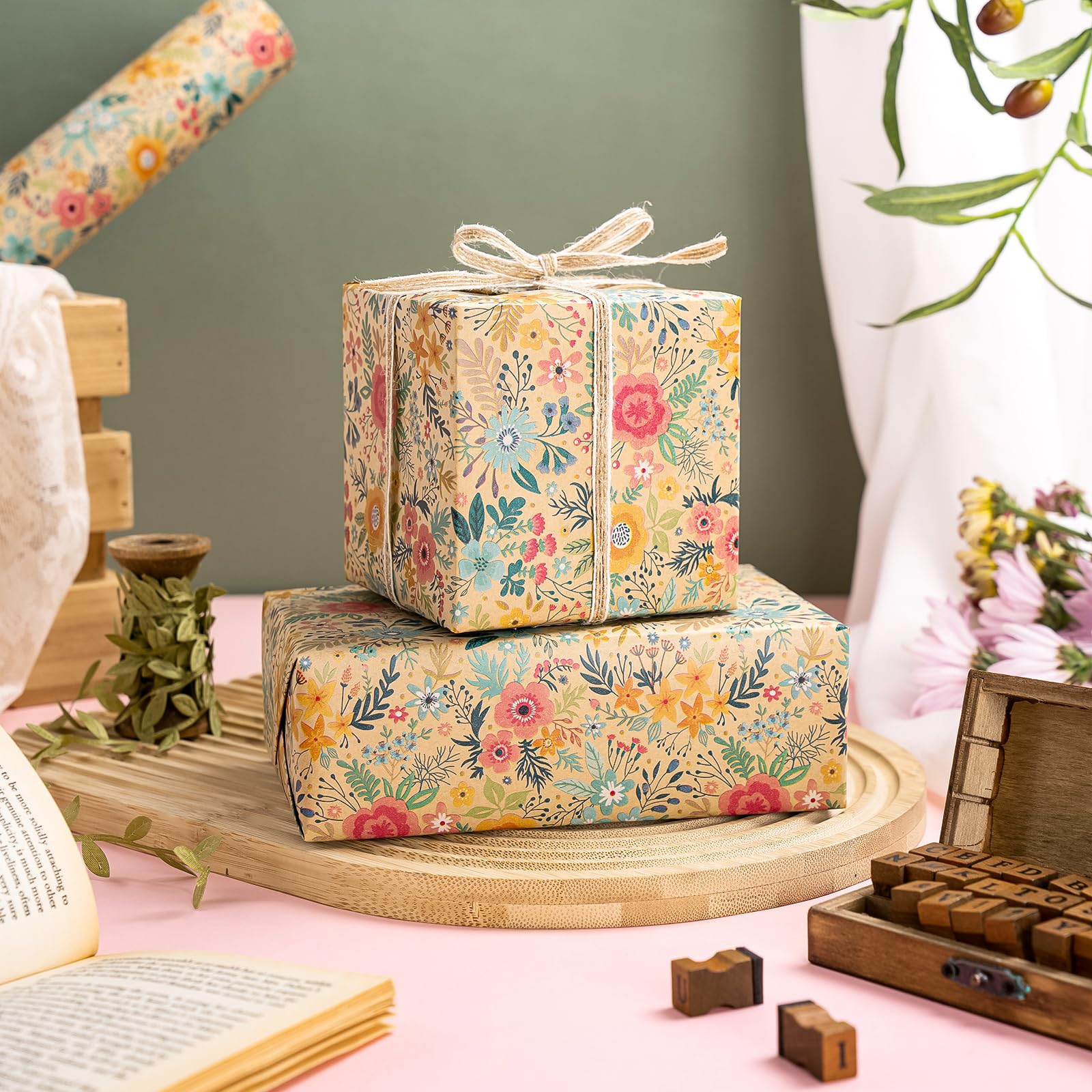 WRAPAHOLIC Kraft Floral Wrapping Paper Roll - Mini Roll - 17 Inch x 9.8 Feet - Spring Summer Garden Flower Design Perfect for Wedding, Bridal Shower, Birthday