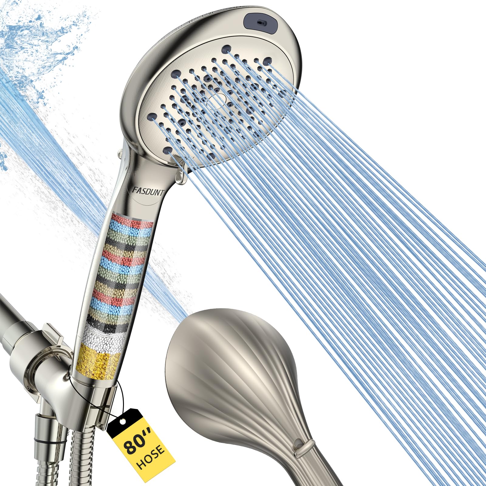 FASDUNT Filtered Shower Head with Handheld, 8-Mode Handheld Showerhead with Filters for Hard Water -Remove Chlorine, Built-in Power Wash, 80" Extra Long Stainless Steel Hose, Brushed Nickel Image