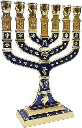 Nazareth Store Blauer Emaille vergoldet Menorah 7 Zweig 12 Stämme von