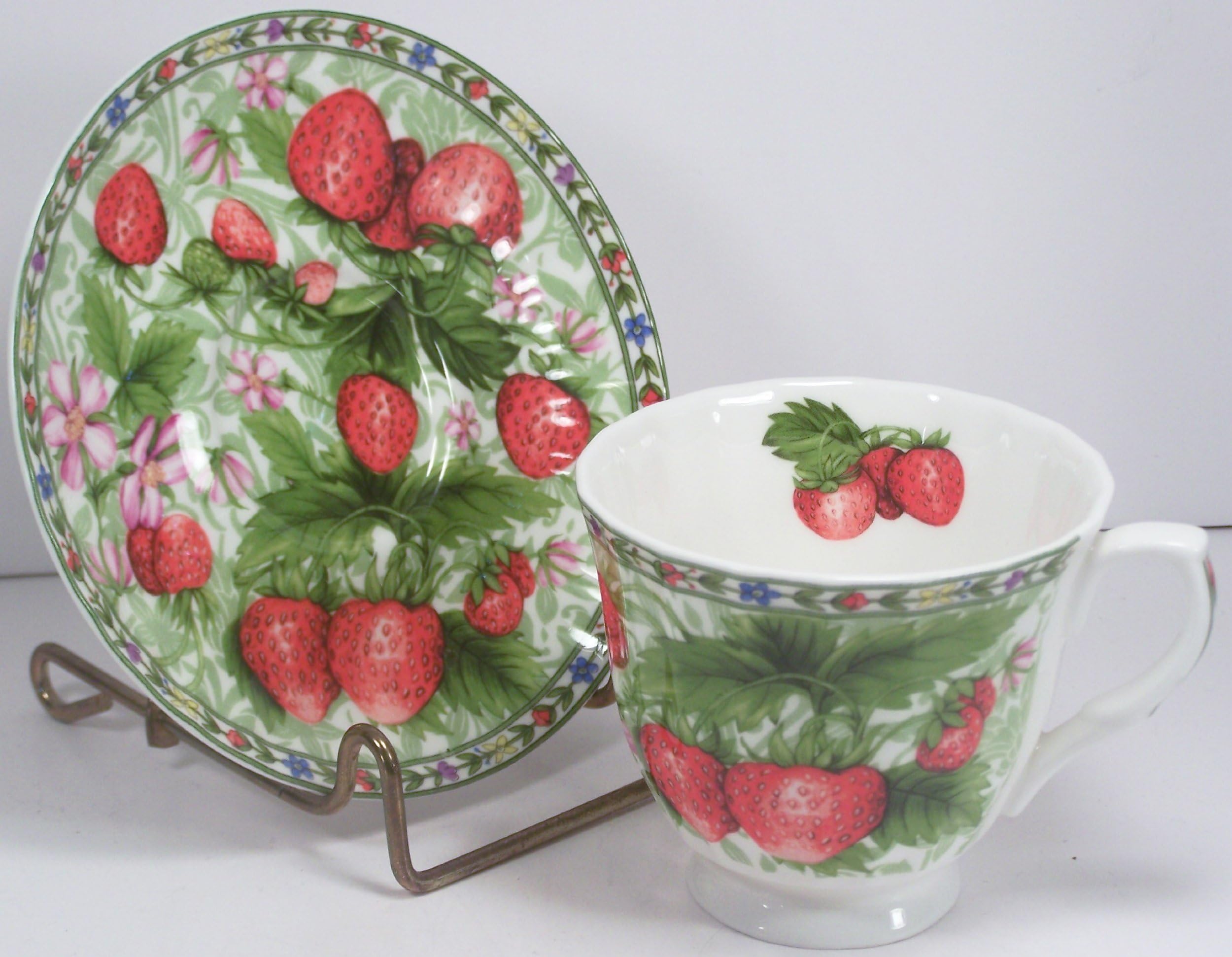 Fine English Bone China Cup and Saucer Strawberry Chintz