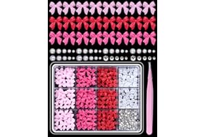 AnoleAir 3D Bows Nail Charms for Nails, Pink Color Bowknots Nail Charms, Red Pink Bows Tie Nail Charms Flatback Pearl Gems Nail Art for Nail Art Accessories DIY with Pickup Tool
