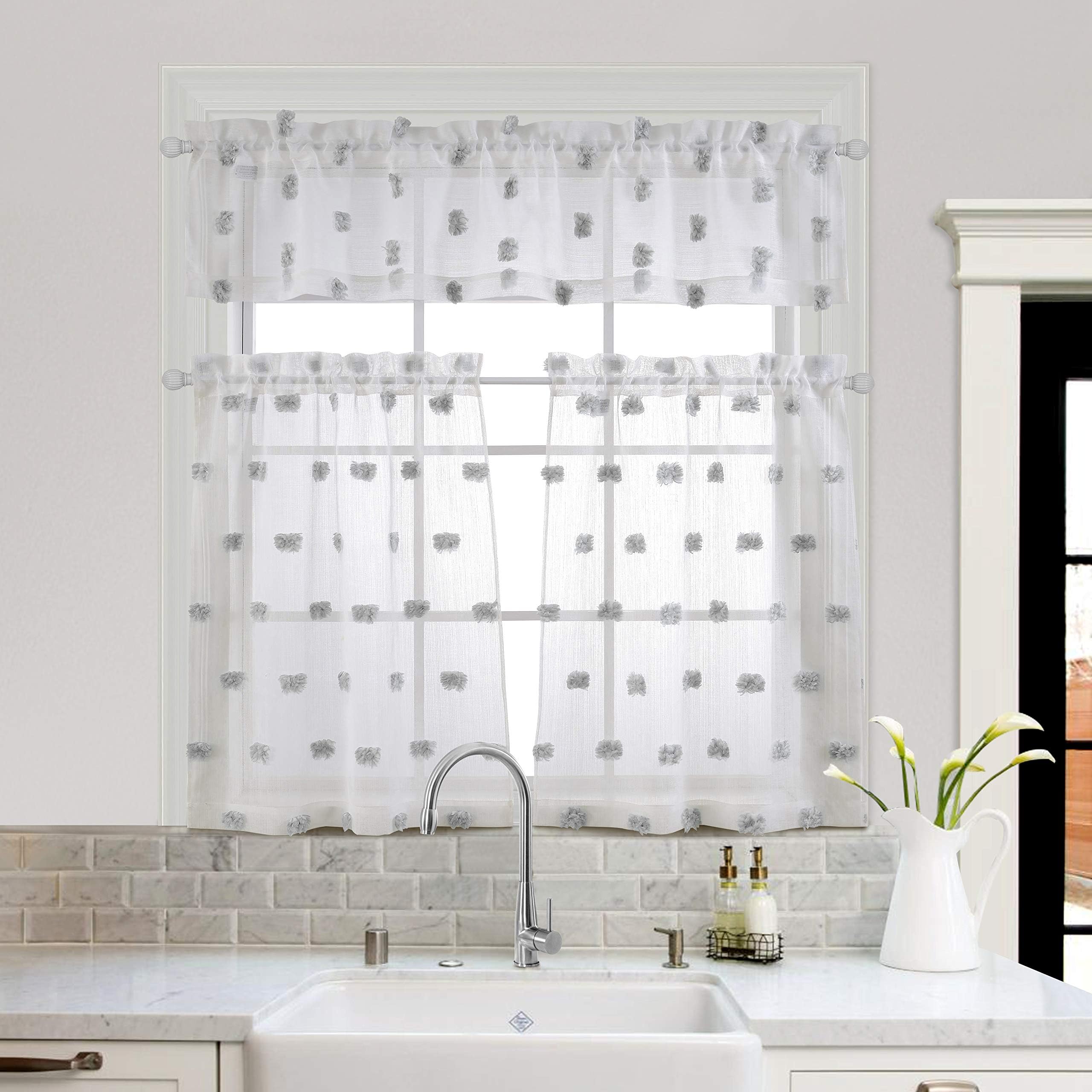 MYSKY HOME Pom Pom Kitchen Curtains 36 inch Length 3 Pieces Jacquard Rod Pocket Sheer Tier and Valance Curtain Sets(Pompom-Grey)