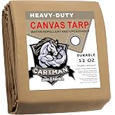 CARTMAN 6x8 Feet 12 Oz Heavy Duty Canvas Tarp, Tan | Finished Size, Multipurpose heavy tarpaulin with rustproof grommets, Great for canopy, camping, woodpile and roof covering