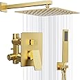 Kurpot Gold Shower System, 10'' Square Rainfall Shower Head with Handheld Combo Spray, Bathroom Brushed Gold Shower Faucet Set with Valve, 59'' Shower Hose, Shower Trim Kit and Diverter, Wall Mounted