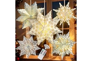 OUMUAMUA 5 Pcs Christmas Paper Snowflake Lanterns, Large 3D Christmas Paper Star Lanterns with LED Lights, White Silver Hanging Snowflake Lamps for Xmas Winter Frozen Weddings Holiday Party Decorations