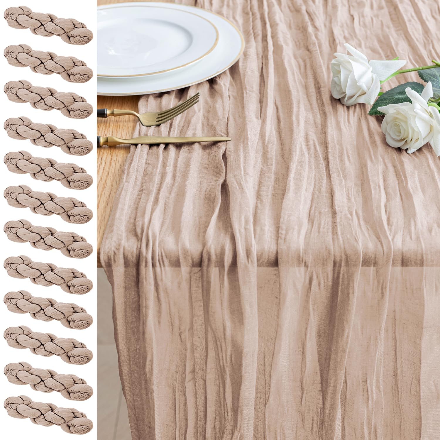 Xiomot 12PCS Table Runner Cheesecloth 10FT Nude Pink Boho Gauze Cheese Cloth Rustic Sheer Table Runners for Wedding Birthday Bridal Baby Shower Party Decoration Image