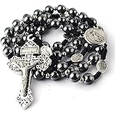 HanlinCC Hematite Rosary Necklace for Men and Women, Black Stone and Stainless Steel Beads, 48cm Length