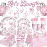 Yingoto 204pcs Pink Disco Party Decorations Tableware Set, for 25 Guests | Pre-strung glitter banner, Disposable 350g thick paper plates, HD printed cake decor, Waterproof tablecloth, Latex balloons