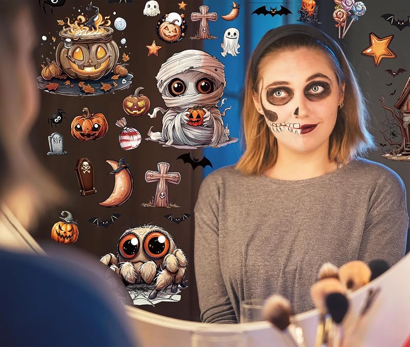 12 hojas de calcomanías de ventana de Halloween de gran tamaño, decoraciones de murciélagos, arañas, vampiros y brujas, calcomanías para ventanas de Halloween