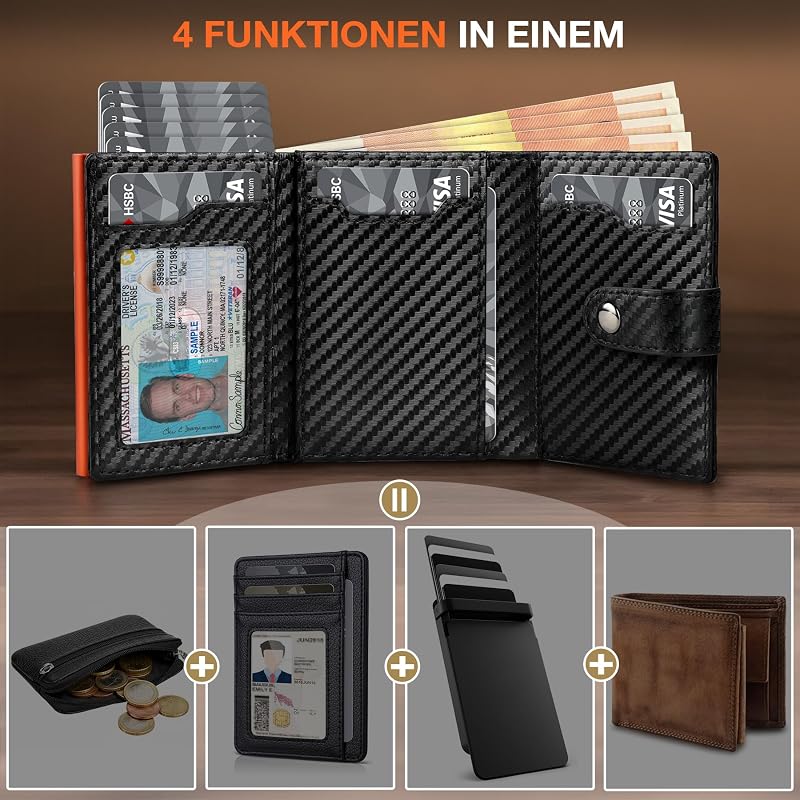 Geldbörse Herren - Portmonee Herren mit Münzfach & RFID Schutz, Hochwertige Slim Wallet, Kartenetui Klein 8-10 Karten, Premium Geldbeutel, Geschenke zum Vatertag (Schwarz & Orange)