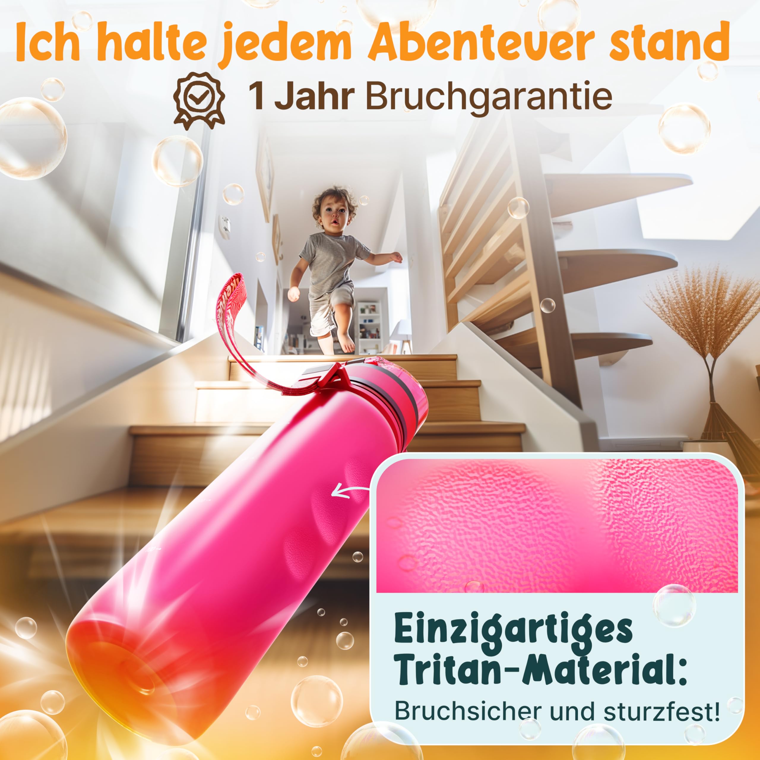 Funkelfuchs®- Trinkflasche für Kinder – 500ml, Pink – Kohlensäure geeignet - 100% auslaufsicher - Wasserflasche spülmaschinenfest - für Kindergarten, Einschulung, Schule, Sport 3