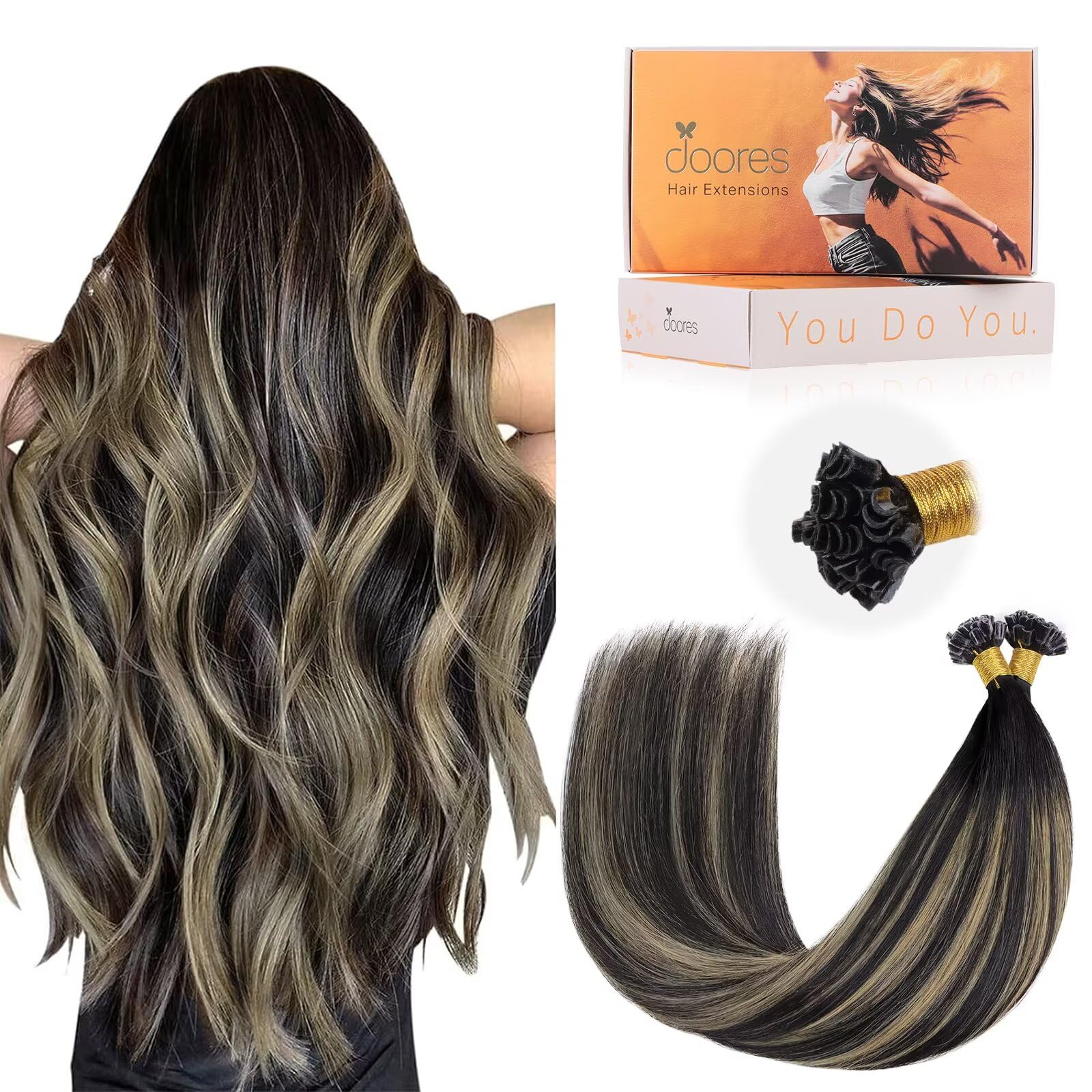DOORES U Tip Hair Extensions Real Human Hair, Balayage Natural Black to Light Blonde 22 Inch 50g 50s, Natural Remy U Tip Ring Hair Extensions Cold Fusion โ image 1