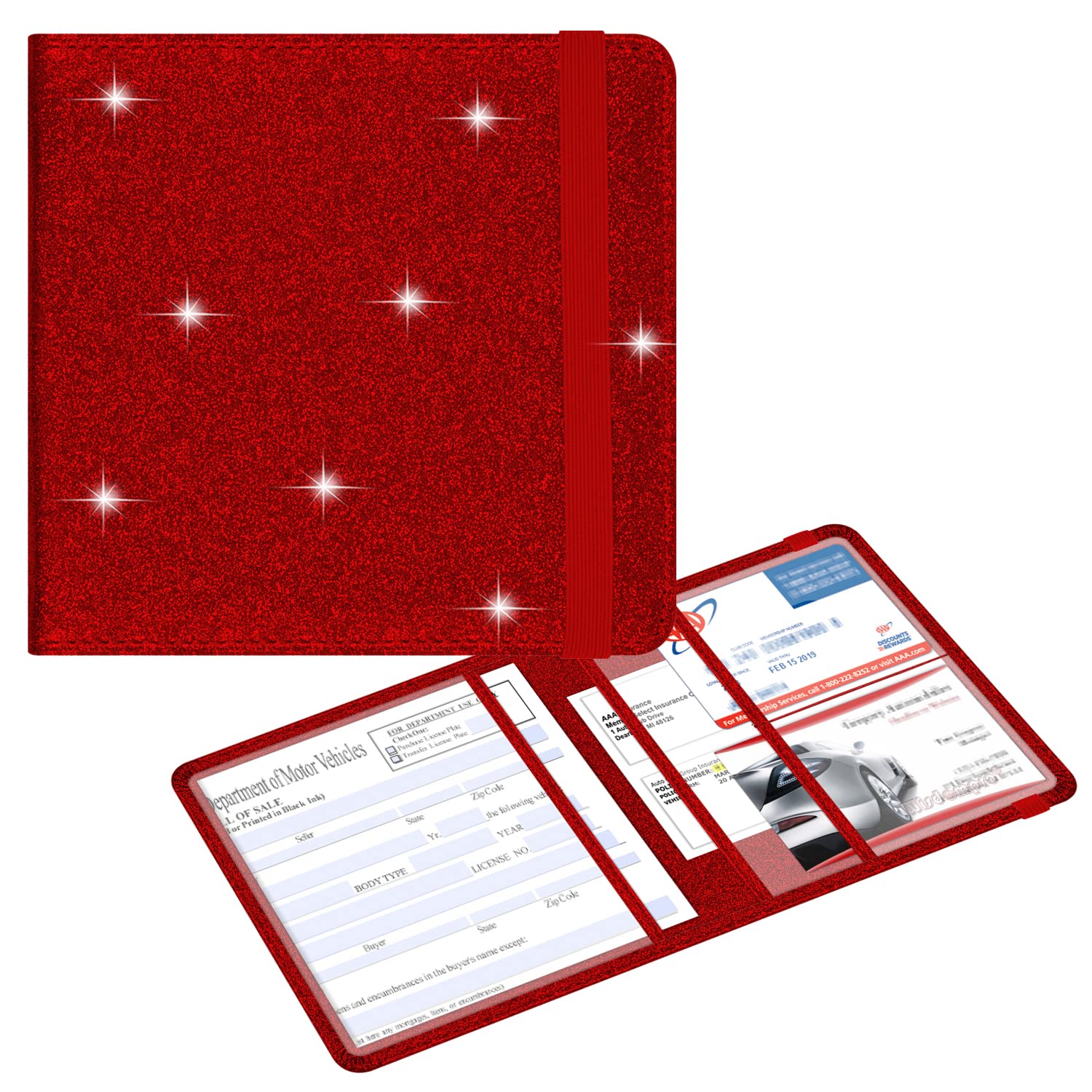 wisdompro Car Registration and Insurance Documents Holder - Premium PU Leather Driving Licence Holder Paperwork Wallet Case Organiser for Vehicle Documents and Cards - Bling Red