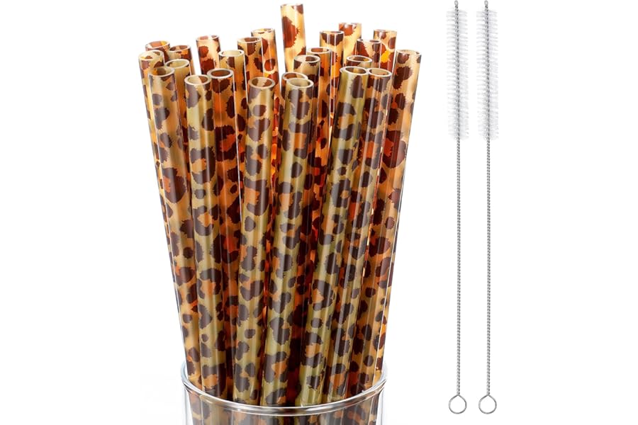 Zopeal 27 Pcs Reusable Leopard Straws Bulk Plastic Cheetah Animal Straws and Cleaning Brush for Women Tumblers Drinking Safari Wild Birthday Party Favors(Brown)