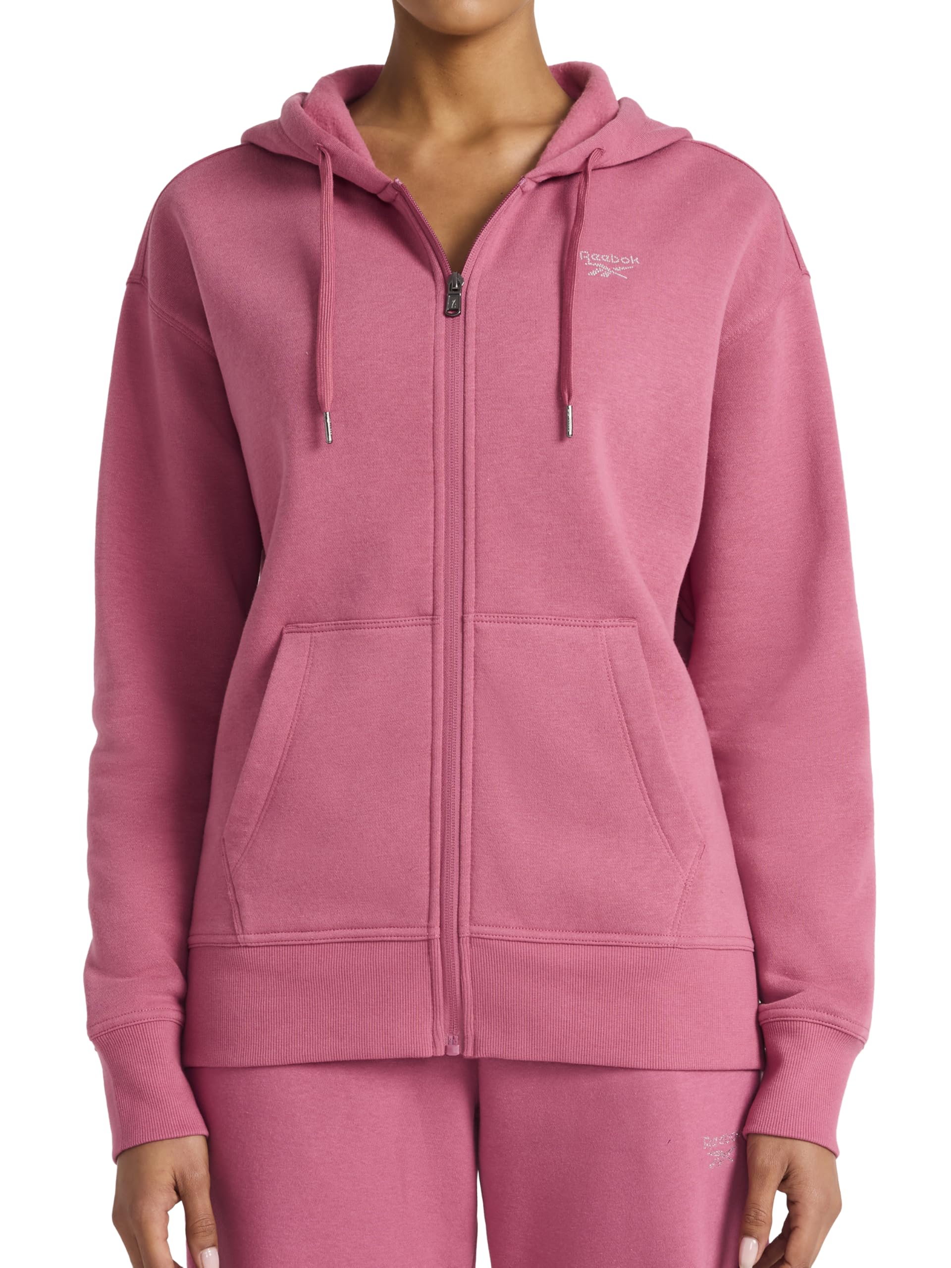 Reebok Women’s Rhinestone Full-Zip Hoodie, Standard Fit, Midweight Cotton-Poly Fabric, Studio Pink, Medium