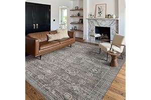 Rugxara Area Rugs 5x7 for Living Room Bedroom, Grey Washable Rug, Vintage Retro Boho Rug, Non Slip & Low Pile Faux Wool Thin Carpet for Indoor Dining Room, Dorm and Kids Room(Taupe/Grey 5x7ft)