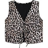 SOFIA'S CHOICE Leopard Print Tie Front Sleeveless Vest Cropped Going Out Outerwear