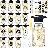 Boao 16 Sets Graduation Table Decoration Set with LED Light up Graduation Decorations for Class of 2026, Grad Jar, Felt Grad Hat and Stickers for High School College(Black,Vivid)