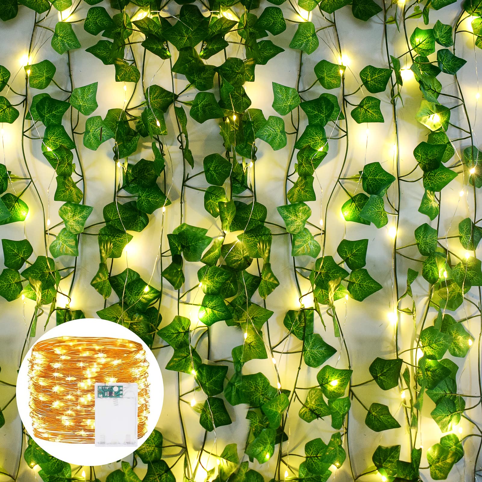 Boic Artificial Ivy Garland, Fake Ivy Leaves With 80 Led String Light Hanging, Fake Plants Artificial Fake Plants Vine Hanging Garland For Room Aesthetic And Garden Wall Decoration For Indoor Outdoor