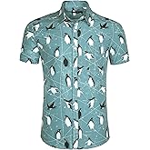 Mens Aloha Hawaiian Shirt Flamingos Penguin Printed Tropical Novelty Casual Short Sleeve Beach Wear