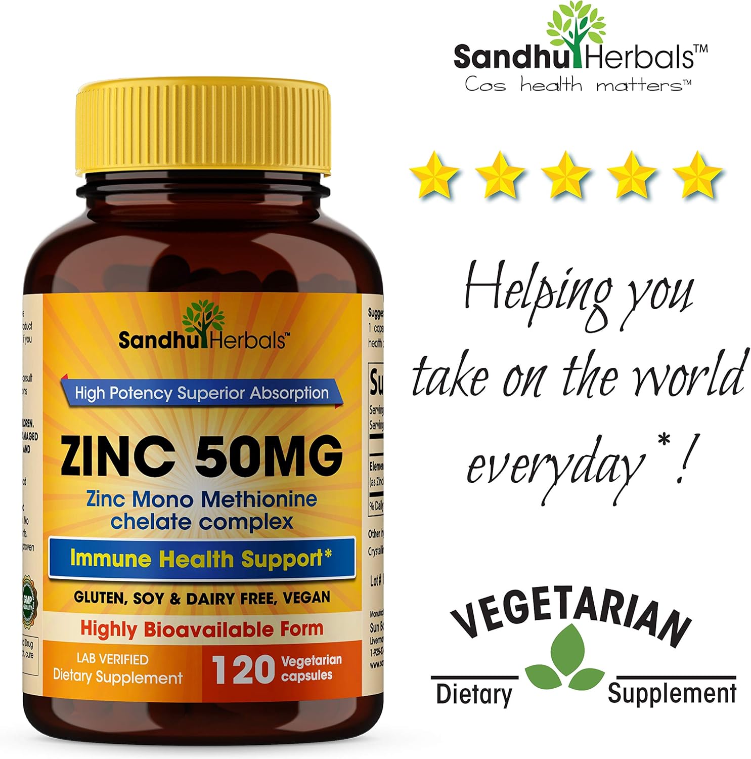 Zinc 50mg Supplement 120 Vegetarian Capsules, Zinc Highly Absorbable Supplements for Immune Support System, Gluten Free Zinc Supplement: Health & Personal Care