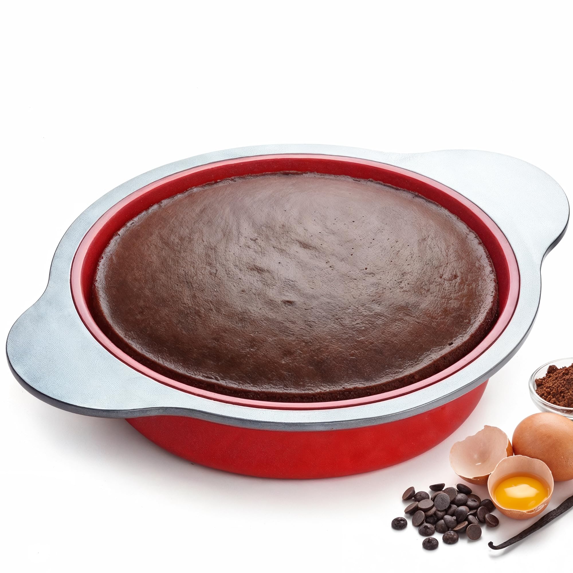 Boxiki Kitchen Silicone Round Cake Pan | Large 22 cm Baking Cake Mold Best Non-Stick Bakeware | Silicone w/Heavy Grade Steel Frame and Handles