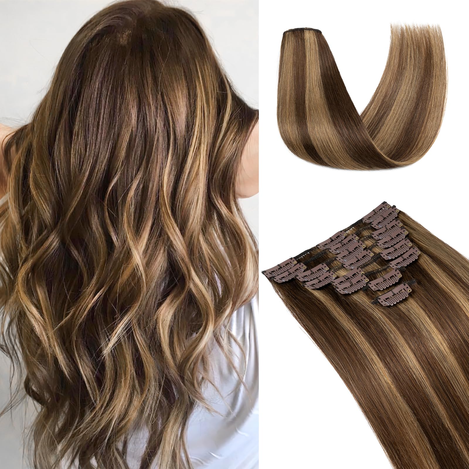 UK-Fashion-Shop Clip in Human Hair Extensions 8pcs 18 clips Real Hair Extension Long Straight Natural 8inch(45g)#4P27 Medium Brown & Dark Blonde — image 1