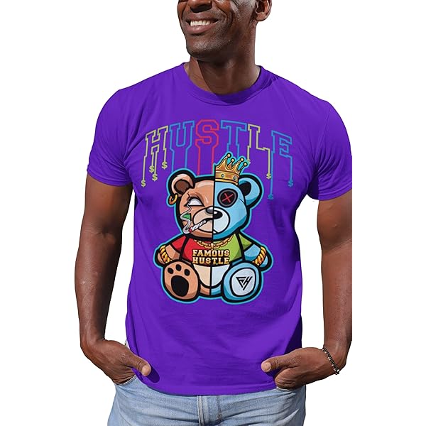 Men's Hustle Bear Graphic Tee Urban Streetwear T-Shirt, Cool