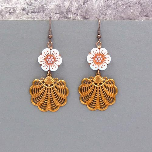 Boucles Doreilles Vintage Eventail Cuivre Fleur Blanche