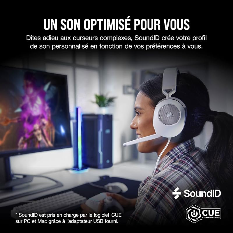 HS65 Surround Casque de Jeu Filaire Multiplateforme - Son Surround Dolby 7.1 - SonarWorks SoundID - Compatible iCUE - PC, Mac, PS5, PS4, Xbox, Nintendo Switch, Mobile - Blanc